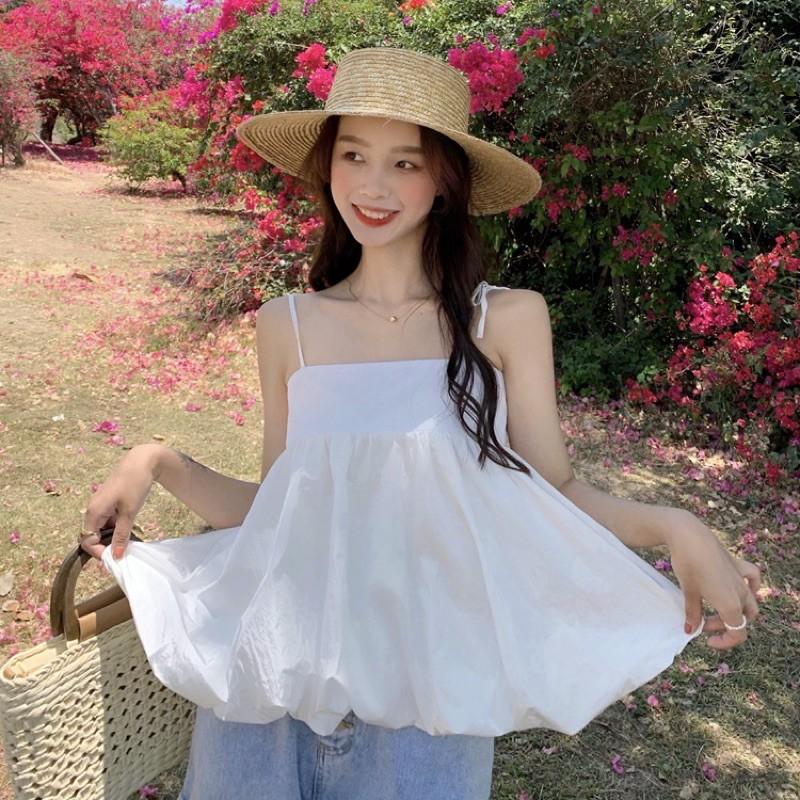 Áo hai dây thắt nơ dáng babydoll phồng mẫu summer 2021