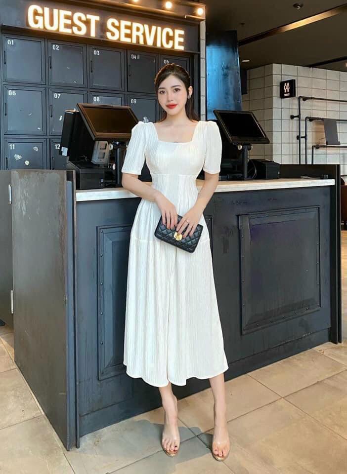 ĐẦM MIDI XỐP CỔ VUÔNG XẺ TÀ 13405