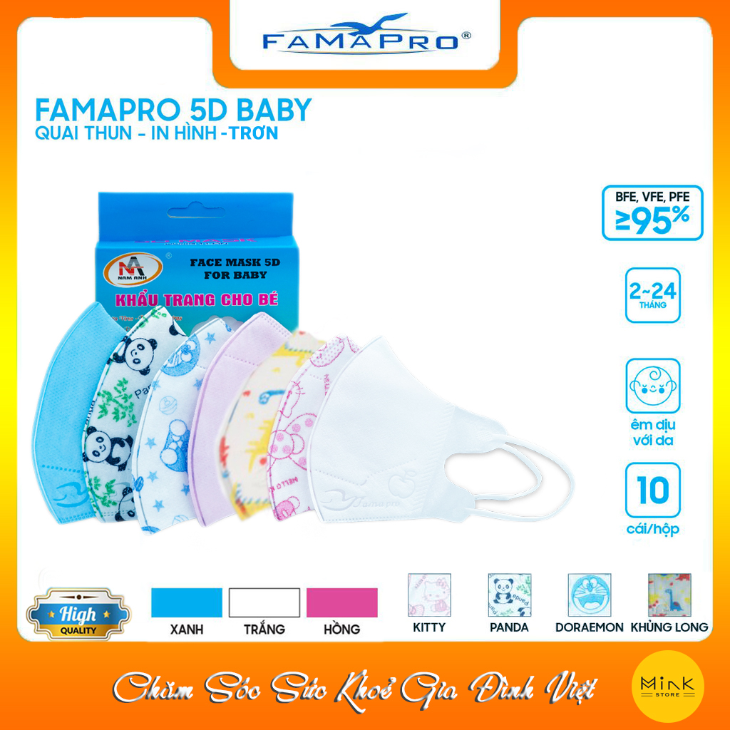 HỘP – FAMAPRO 5D BABY – khẩu trang y tế trẻ em kháng khuẩn 3 lớp Famapro 5D Baby 10 cái hộp – 1 HỘP – TRẮNG