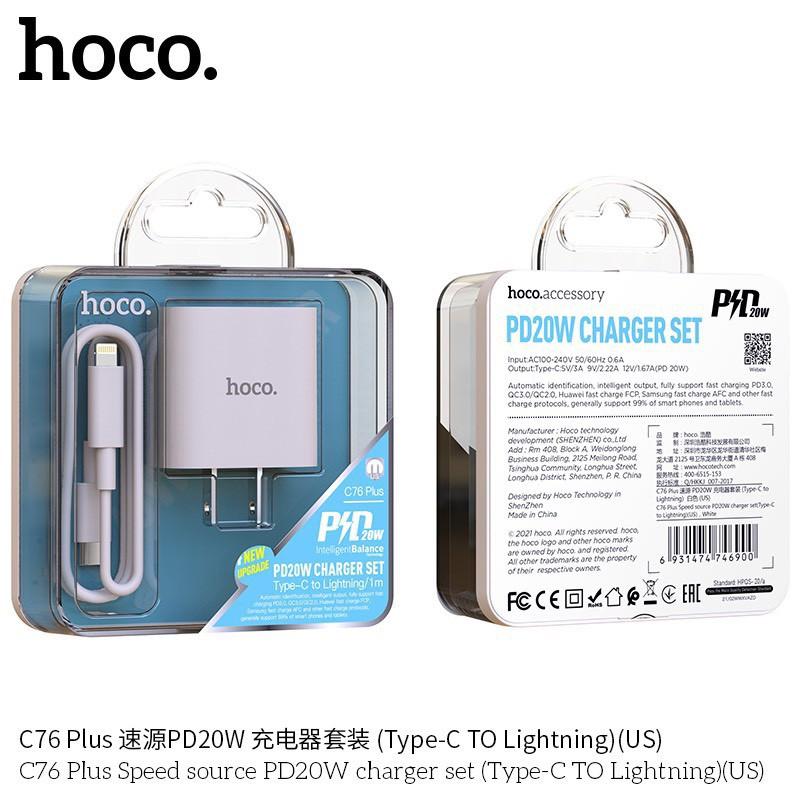 Bộ Sạc Nhanh PD 20W Cho iPhone, iPad Hoco C76 Plus/C76A Plus - Chuẩn Type-C To - Hàng Chính Hãng
