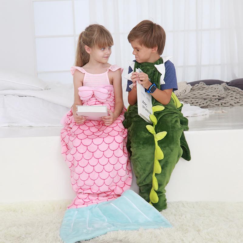 Trẻ em Túi Ngủ Hoạt Hình Cá Mập Người Cá Chăn Cho kick Siêu Mềm Ngủ Dép Nỉ Chăn Trẻ Em Túi Ngủ