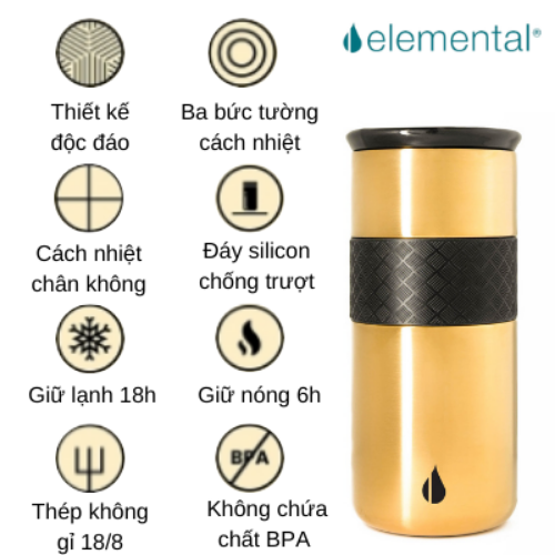 Ly giữ nhiệt Artisan Elemental 480ml màu xanh vàng gold, giữ nhiệt vượt trội, inox 304, FDA Hoa Kỳ, nắp sứ sang trọng