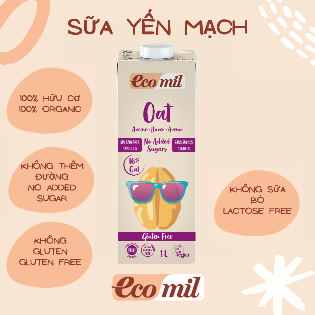 Sữa Yến Mạch Ít Đường Gluten Free Hữu Cơ Ecomil (1L) - Organic Oat Milk No Added Sugars Gluten Free (1L)