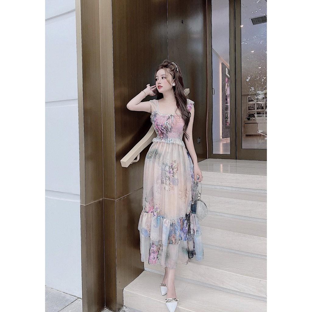 Đầm Maxi 2 Dây Bèo Nhún Ngực Bo Eo Đuôi Tầng Họa Tiết Hoa - Vải Chiffon - 2 Màu Hồng, Cam - Dành Cho Nàng Đi Dạo