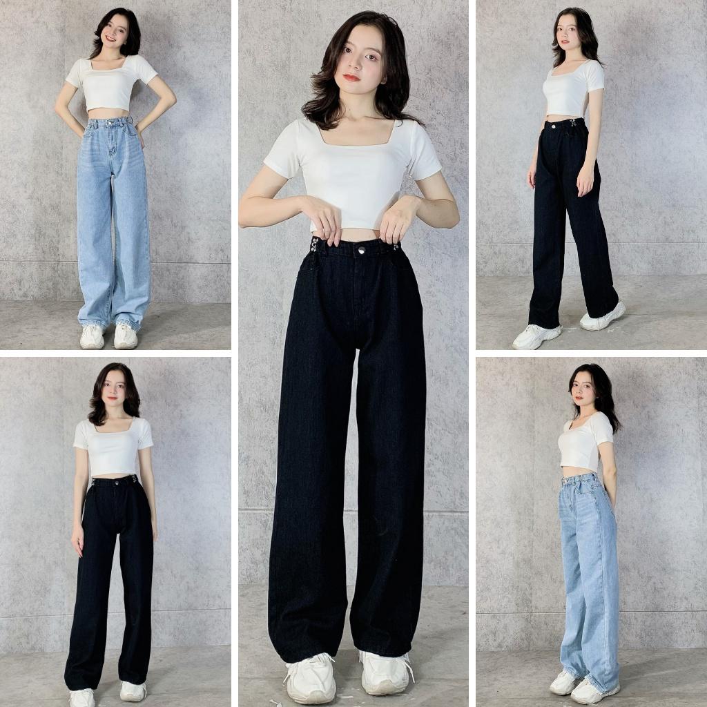 Quần jean suông móc cài EMIX (2 màu), unisex, dáng dài, cạp cao, form thụng, vải jean mềm nhẹ, cá tính