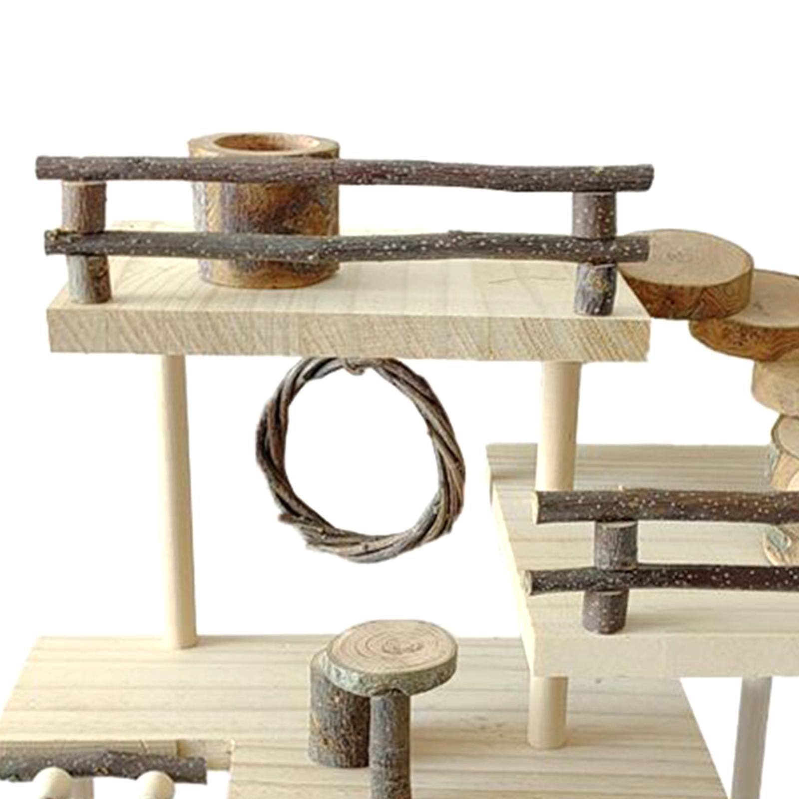 3 Layers Hamster Toy, Habitat Stand Table with Fence Climbing Ladder Natural Wooden Platform for Squirrel Hedgehog Pets Dwarf Hamster Gerbil