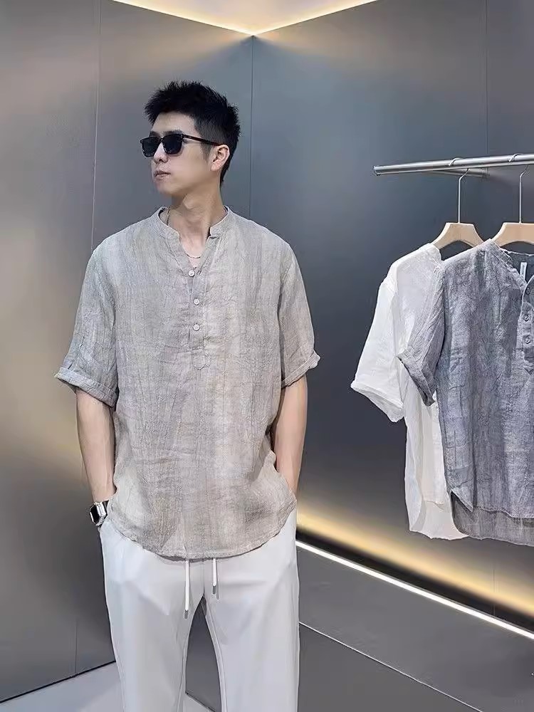 Áo sơ mi đũi trơn ngắn tay nam phối cúc đơn giản tinh tế, thanh lịch