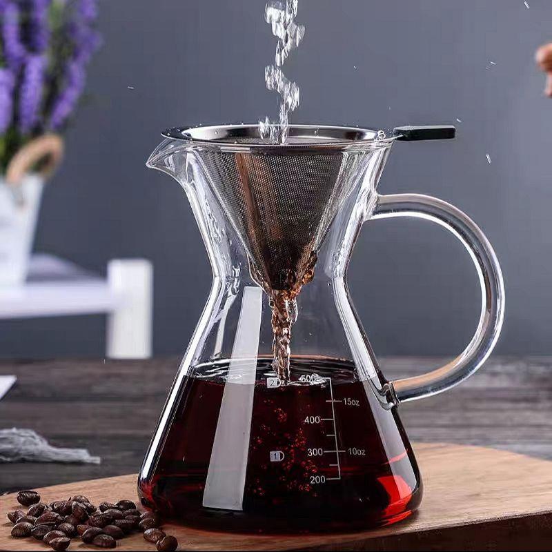 Bình Pha Cà Phê Chemex Tay Cầm Thủy Tinh có Phễu Inox 500ML