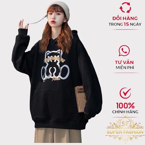 Hình ảnh Áo Hoodies Nữ Chui Đầu Có Nón FASHION Chất Nỉ Dày Mịn in Gấu Form Rộng Che Nắng Mặc Thoải Mái