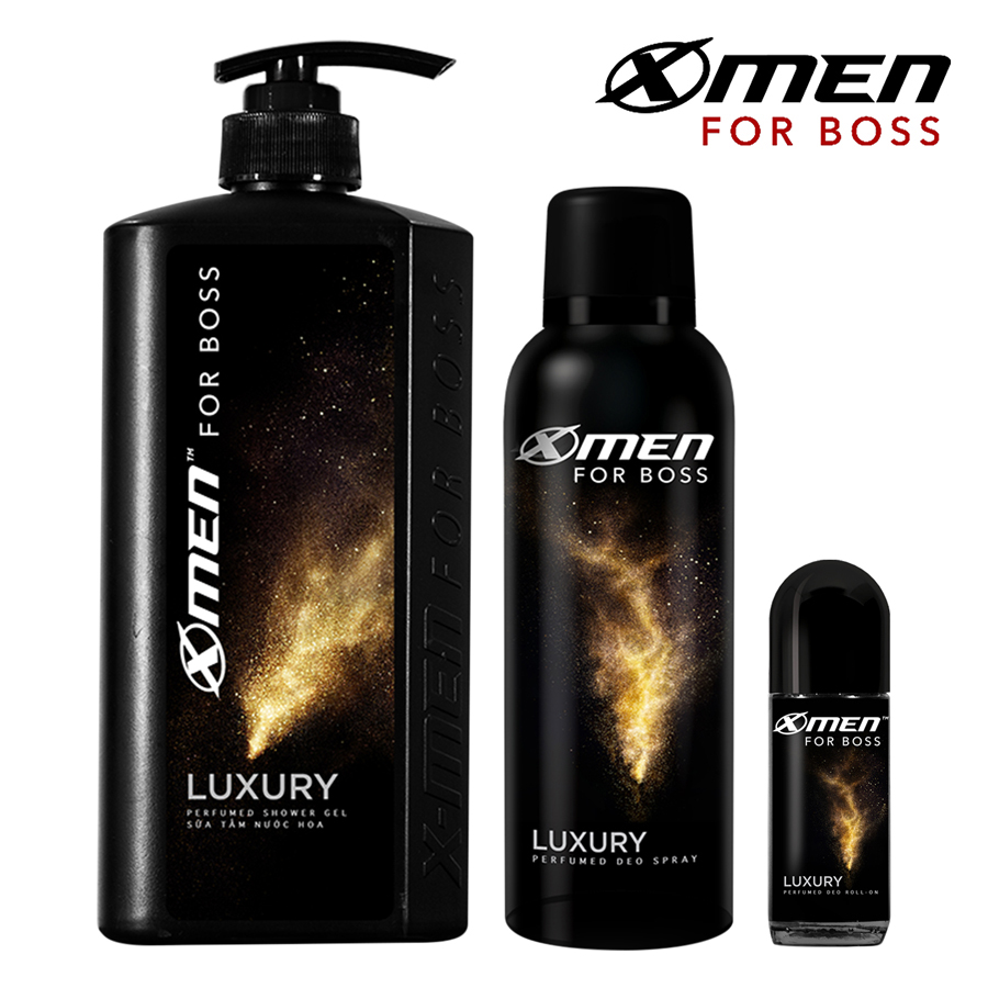 Combo Lăn Khử Mùi X-Men For Boss Luxury (50ml) + Xịt Khử Mùi X-Men For Boss Luxury (150ml) + Sữa Tắm Nước Hoa X-Men For Boss Luxury (650g)