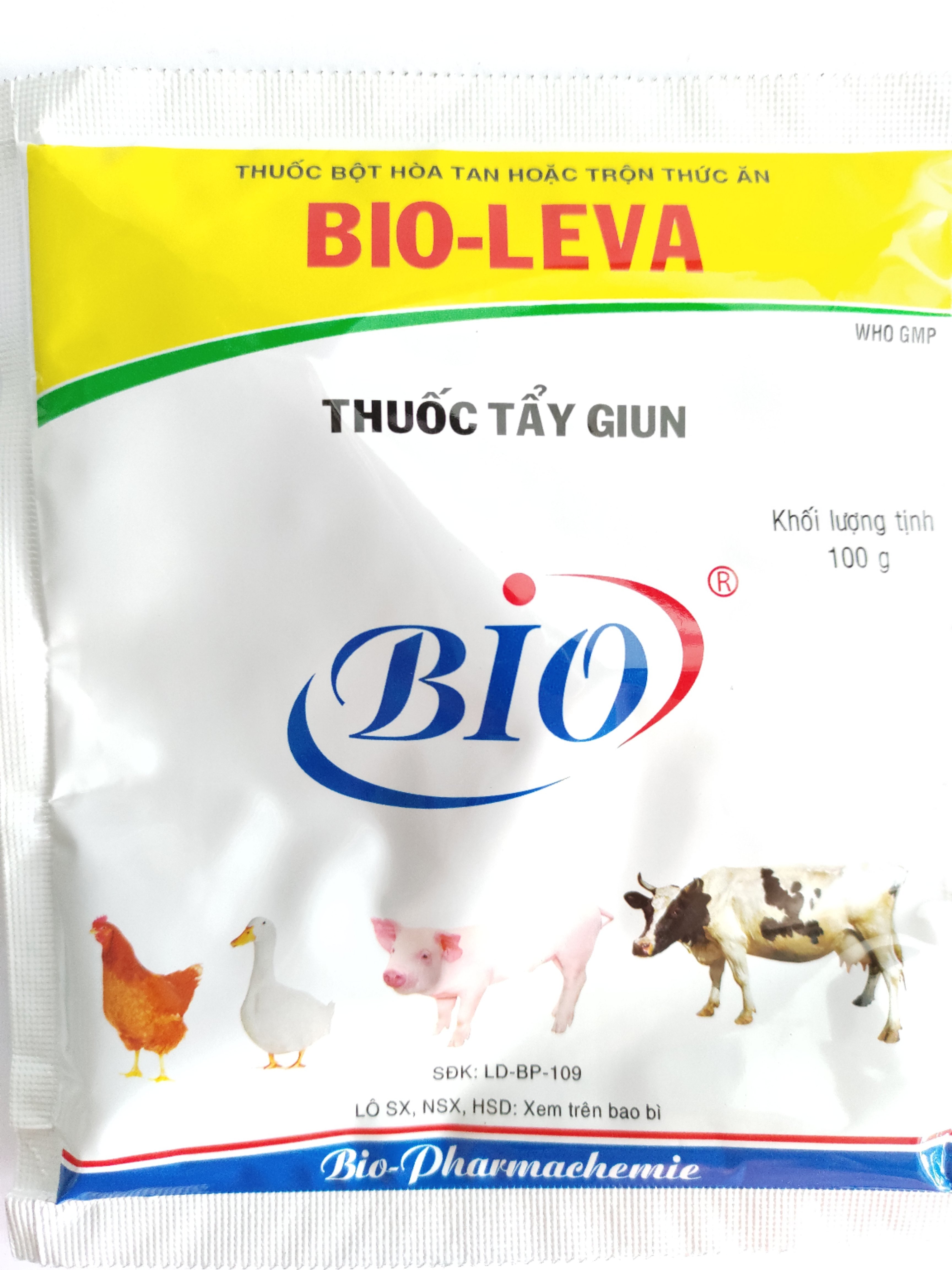 BIO LEVA 100G Thuốc bột hoà tan hoặc trộn thức ăn tẩy giun gia súc, gia cầm