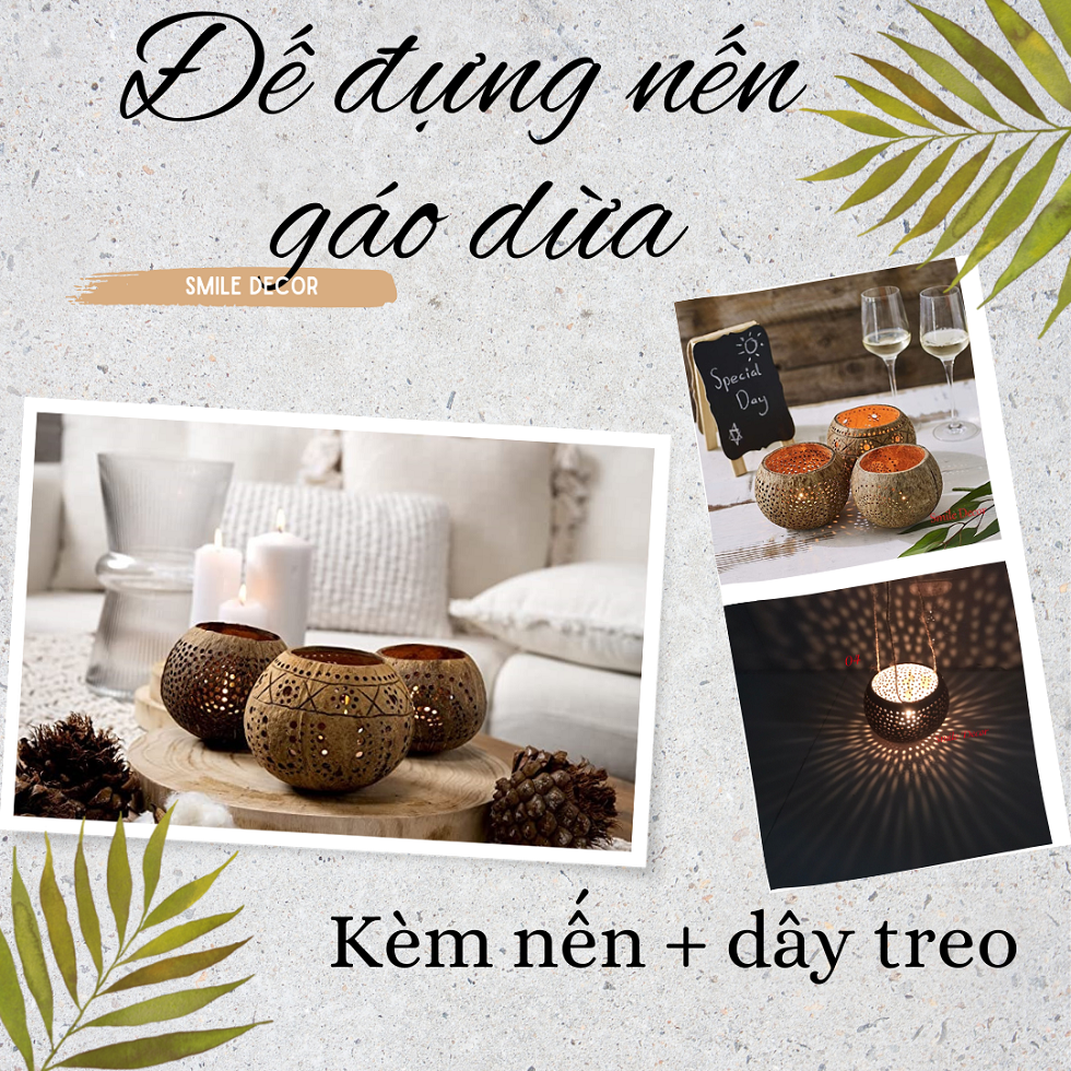 Lồng đèn trung thu bằng gáo dừa Smile Decor thủ công độc đáo , truyền thống , vintage (kèm phụ kiện)