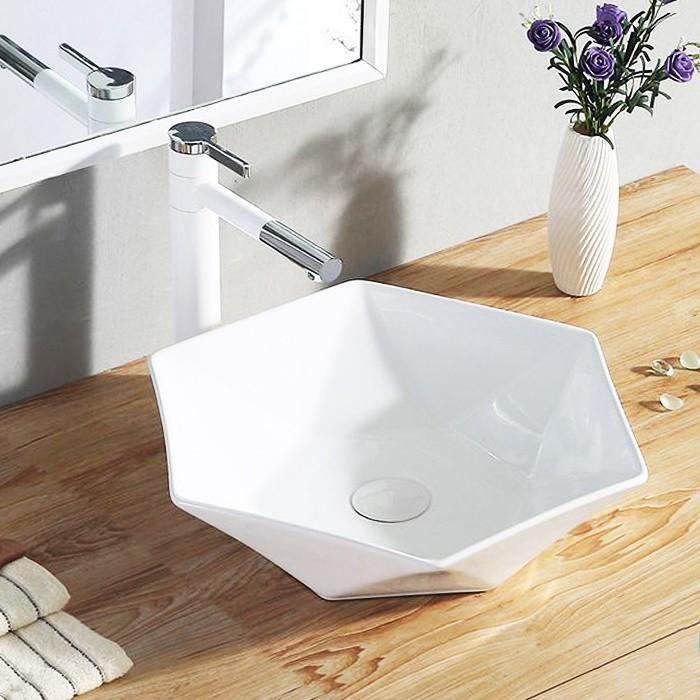 Chậu sứ lavabo đặt bàn màu trắng hoặc trắng viền vàng hình lục giác tuyệt đẹp