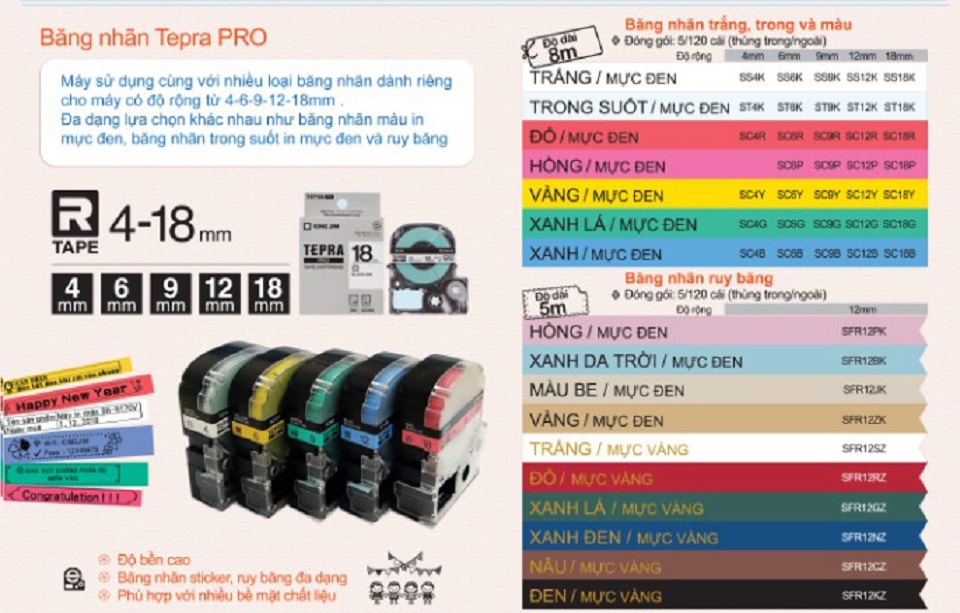 Nhãn in Tepra SC12Y (Chữ Đen Nền Vàng, Khổ 12mm) - Hàng chính hãng