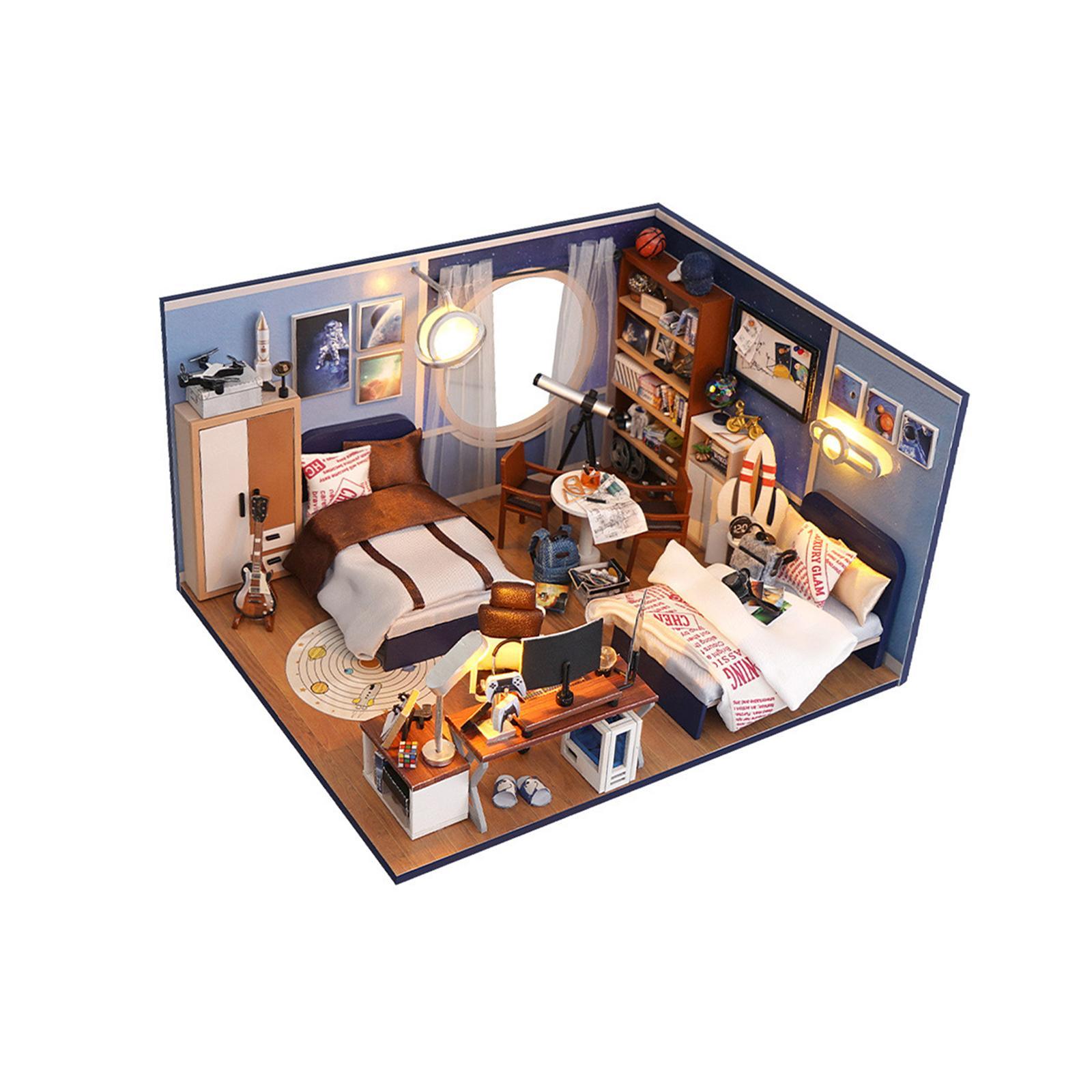 Wooden Miniature Dollhouse Kits Fashion with Lights Artwork Creative Bedroom