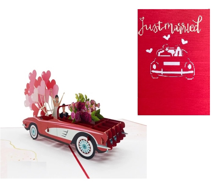 Thiệp 3D Pop Up Xe Cưới Just Married Đỏ – Thiệp Chúc Mừng Đám Cưới, Thiệp Wedding Độc Đáo, W07