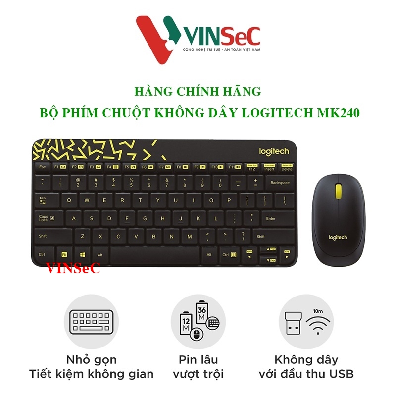 Bàn phím chuột Logitech MK240 Nano - kết nối Không dây Usb 2.4 Ghz - Hàng Chính Hãng