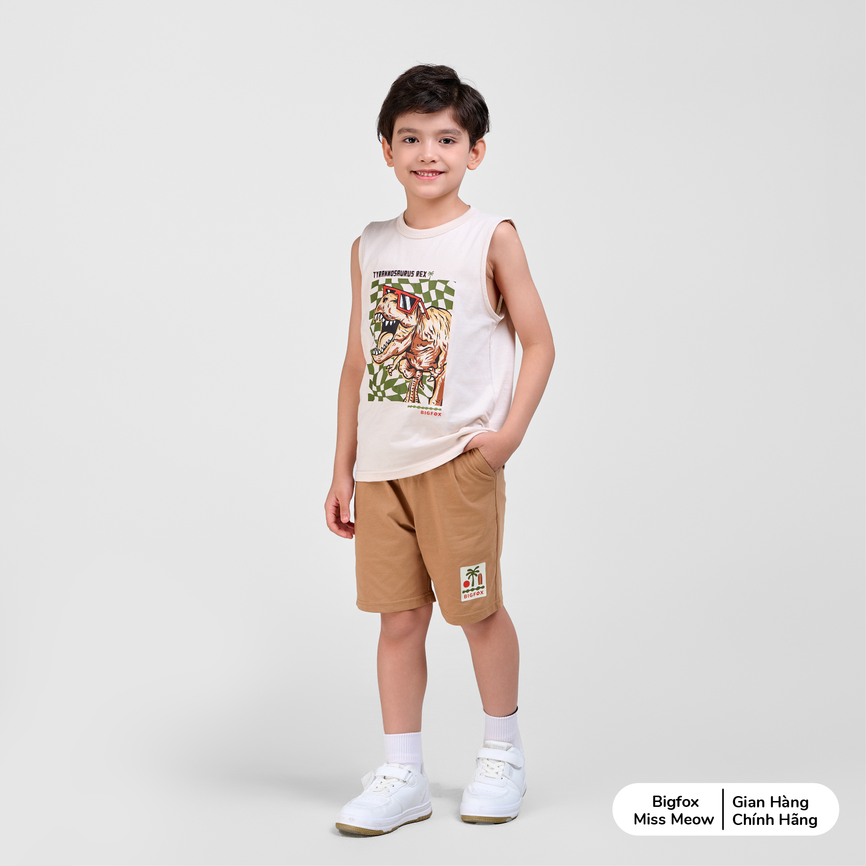 Bộ ba lỗ bé trai Bigfox Miss Meow in khủng long T-rex mùa hè cỡ 3,7,9,11 tuổi 30kg 40kg
