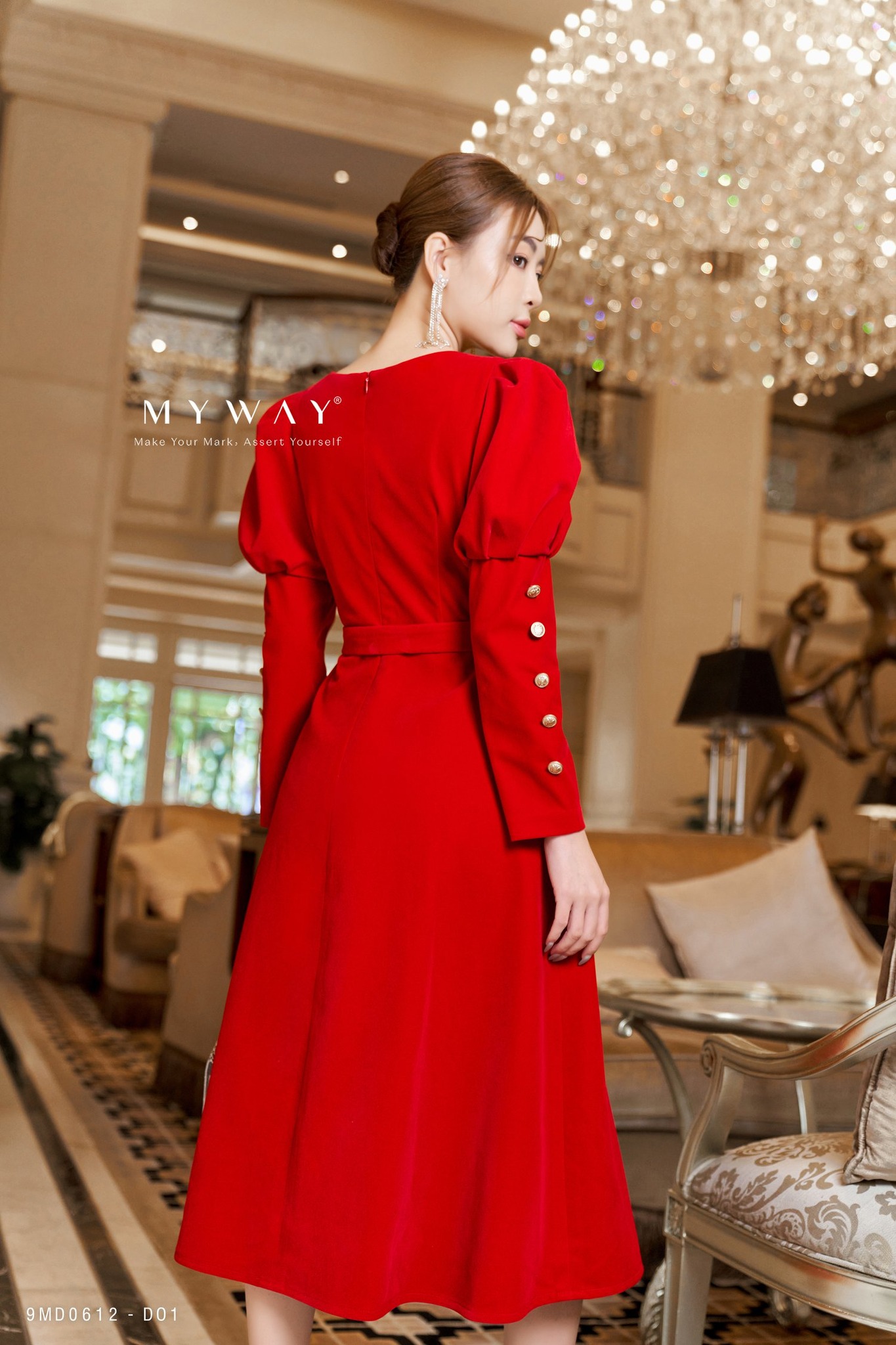Đầm Nhung Nữ Tay Bồng MY WAY Dự Tiệc Kèm Đai Sang Trọng 9md0612