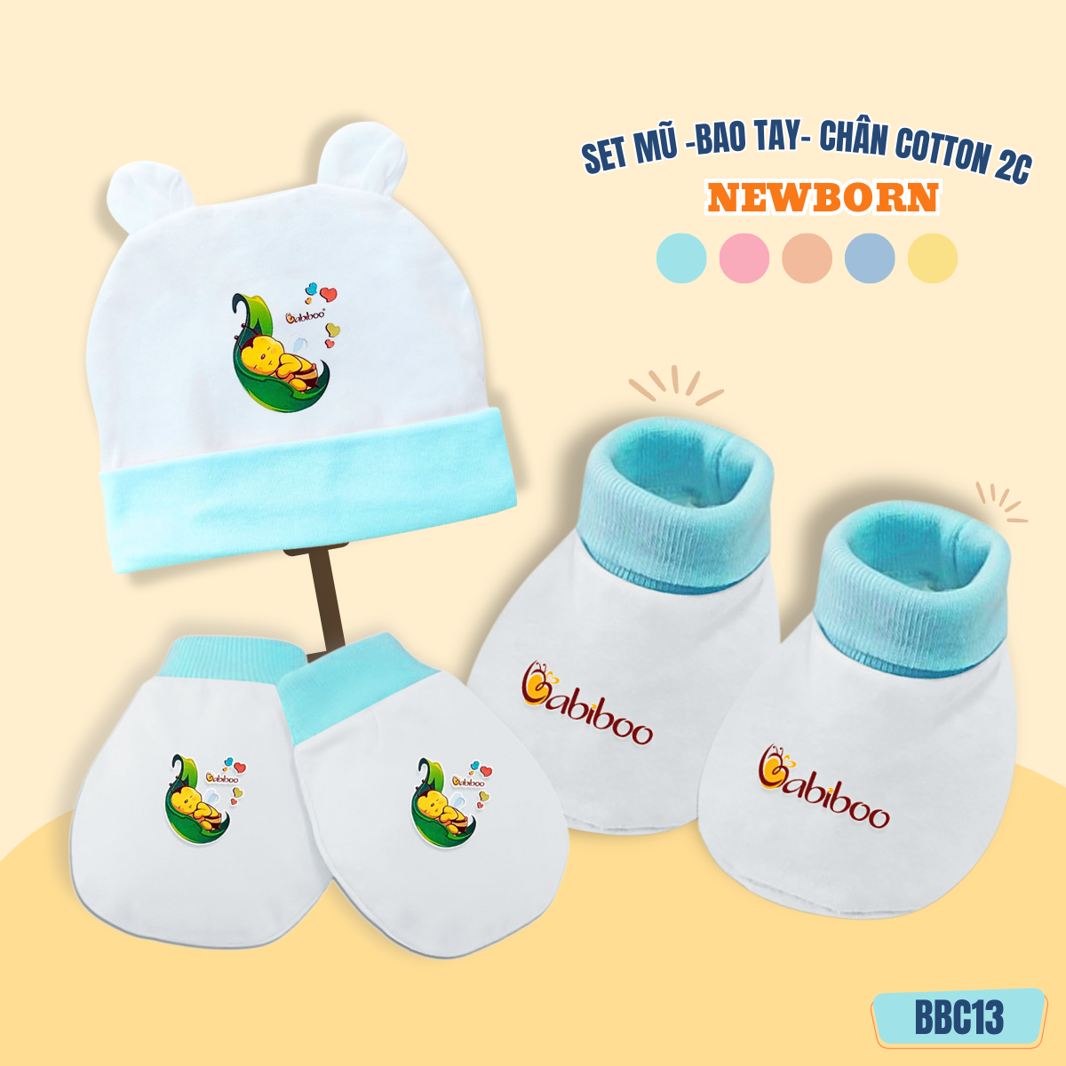 Set nón- bao tay - bao chân cho bé sơ sinh vải cotton mềm mại, trắng viền màu an toàn cho da BBC13