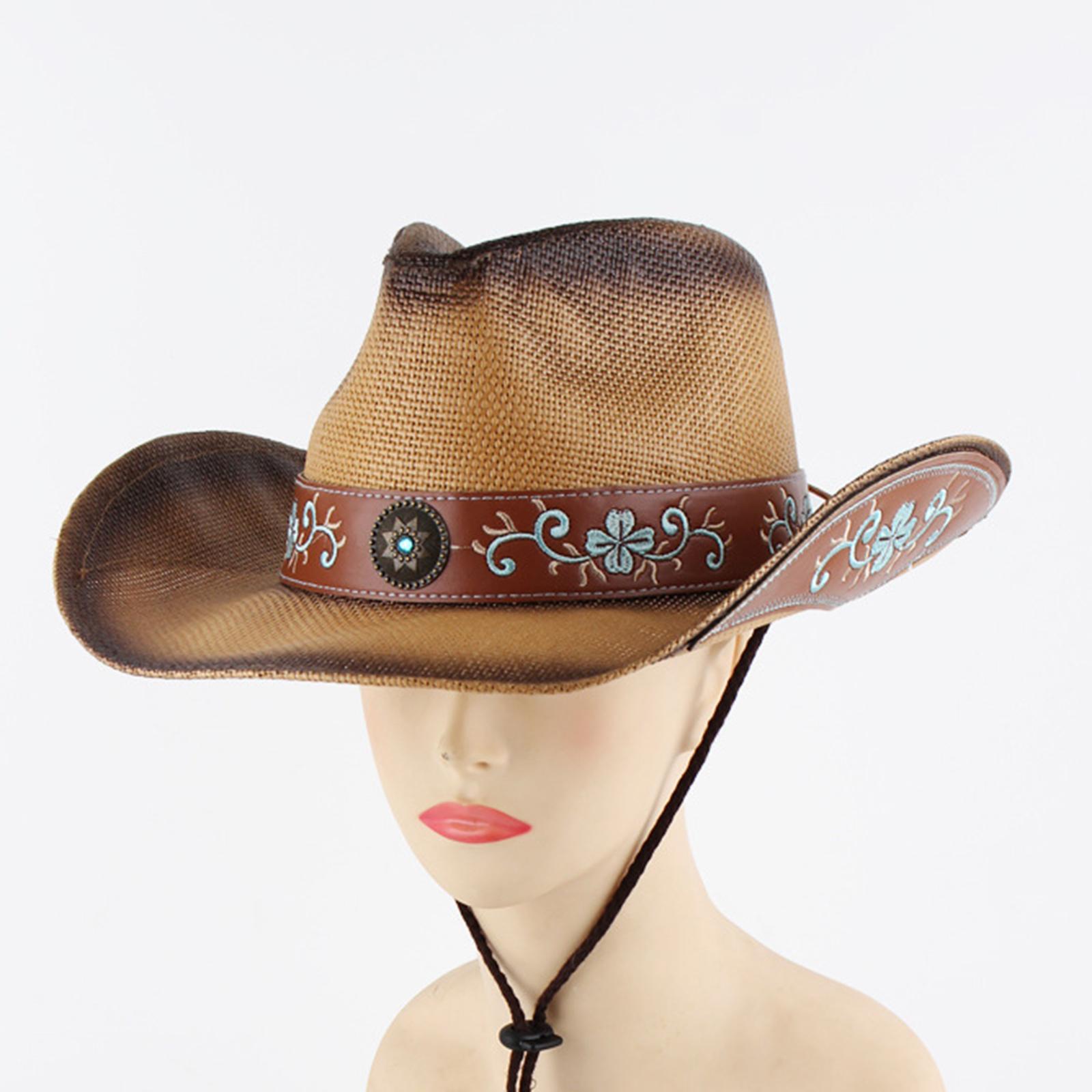 Western Style Cowboy Hat Women Men Wide Roll up Brim Outdoor Sun Hats with Chin Strap Versatile Jazz Caps Sun Protection for Festivals Travel