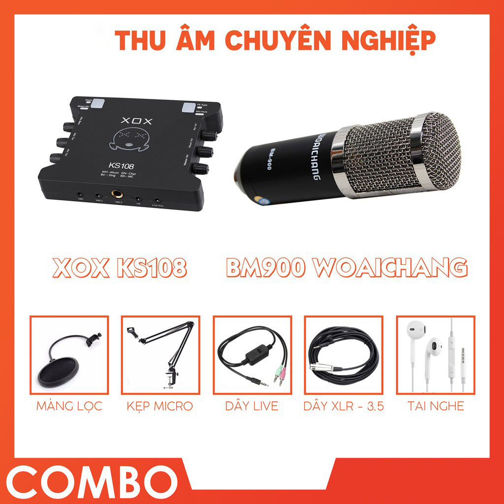 Combo livestream thu âm chuyên nghiệp micro BM900, soundcard XOX KS108, kẹp micro, màng lọc âm, dây ma2, tai nghe nhét tai - Đầy đủ phụ kiện, dây kết nối, hát cực hay - Hỗ trợ livestream, karaoke online, livestream chuyên nghiệp - Hàng nhập khẩu