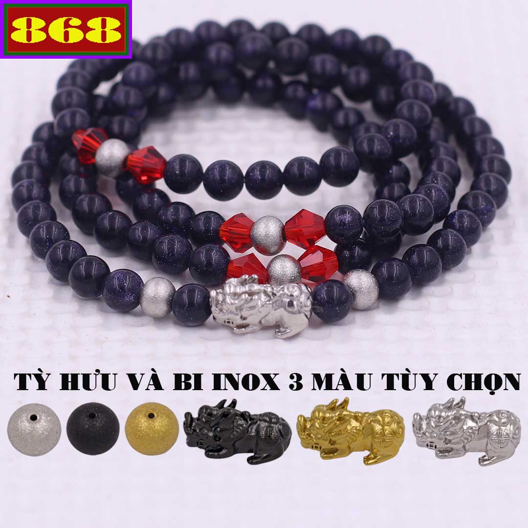 Vòng chuỗi 108 hạt Đá Lam sa charm tỳ hưu inox - Chuỗi tay hạt 6 ly, 8 ly - Vòng chuỗi niệm Phật Bình an, May mắn
