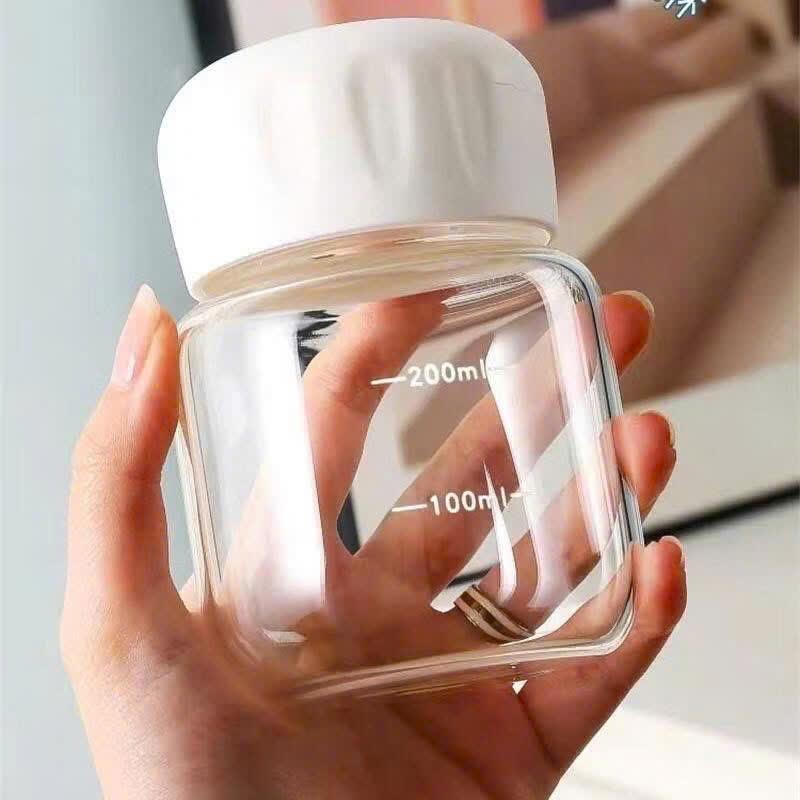 Bình Thủy Tinh Dáng Lùn Chai Thủy Tinh 200ml Chia Vạch Có Nắp Gioăng Kín, Chai Đựng Nước Sữa Cafe Sinh Tố - HÀNG CHÍNH HÃNG MINIIN