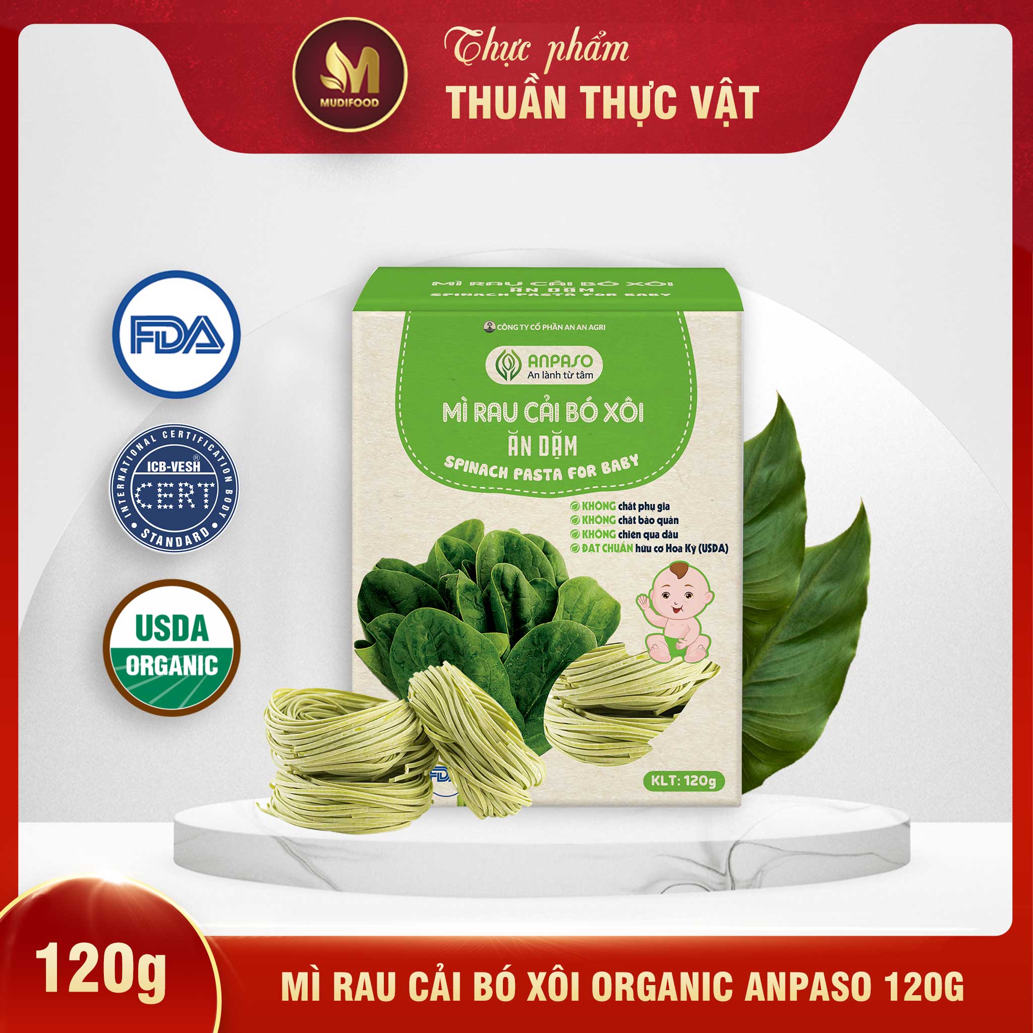 Mì Rau Củ Rau Cải Bó Xôi Organic Anpaso Ăn Dặm Cho Bé Từ 6 Tháng Tuổi 120g/ 300g - Bổ Sung Chất Xơ, Giàu Sắt và Các Vitamin C, Nhóm B, A, Cải Thiện Hệ Tiêu Hóa, Tốt Cho Sức Khỏe Của Bé