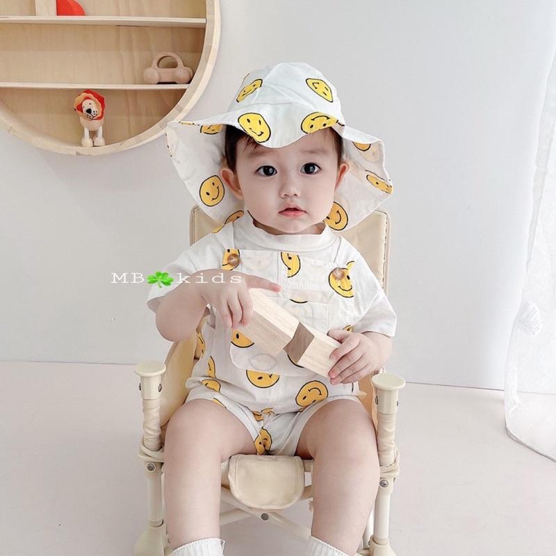 Set 3 món body yếm rời kèm áo pull mặt cười và mũ bèo vành cho bé trai bé gái - bộ yếm đùi icon sơ sinh - áo quần trẻ em