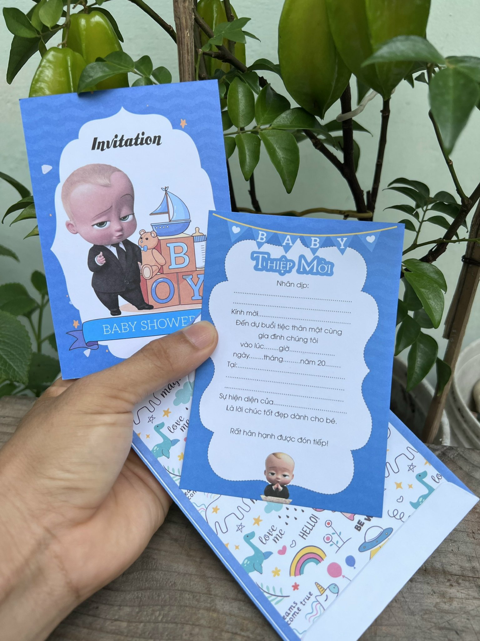 Thiệp Mời Sinh Nhật, Thiệp Mời Thôi Nôi, đầy tháng nhóc trùm boss baby (set 20 cái)