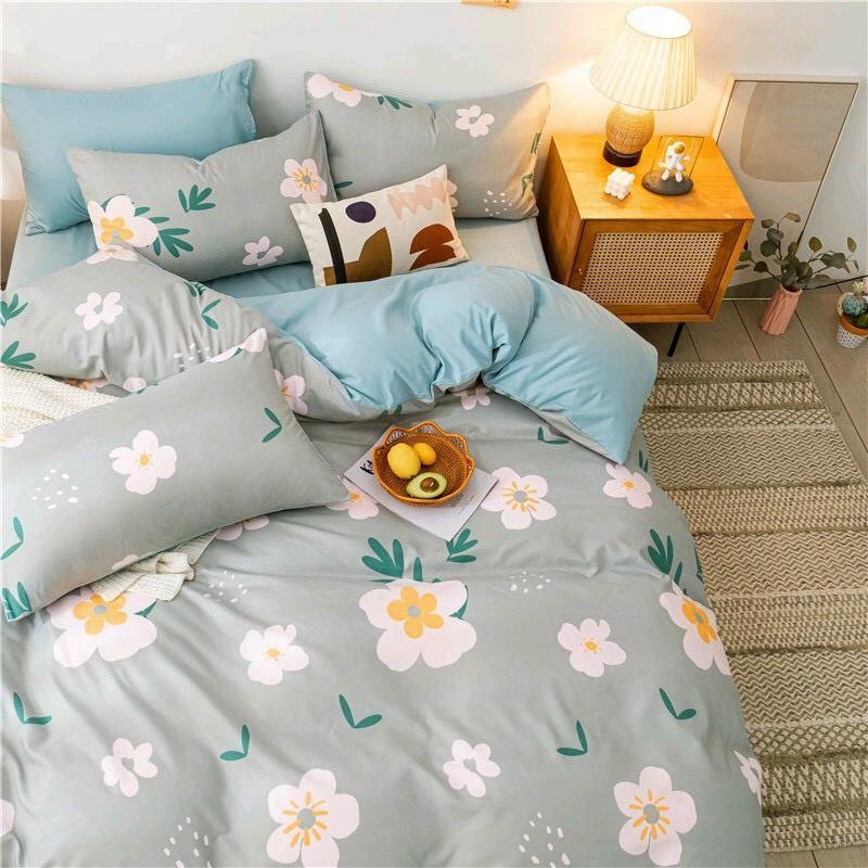Bộ chăn ga Cotton Poly M2T bedding chăn ga Hàn Quốc Hoa trắng bạc đủ size miễn phí bo chun