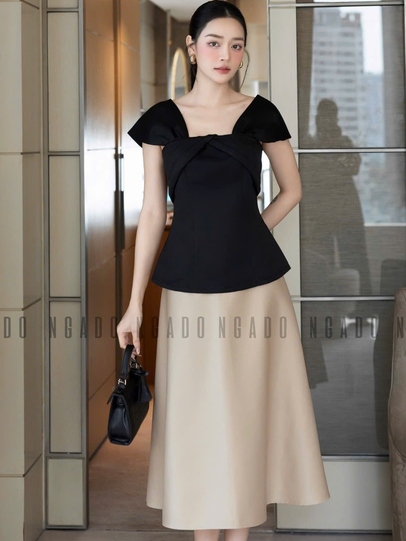 Set áo váy đen nude tay con NGADO , set áo váy , set công sở
