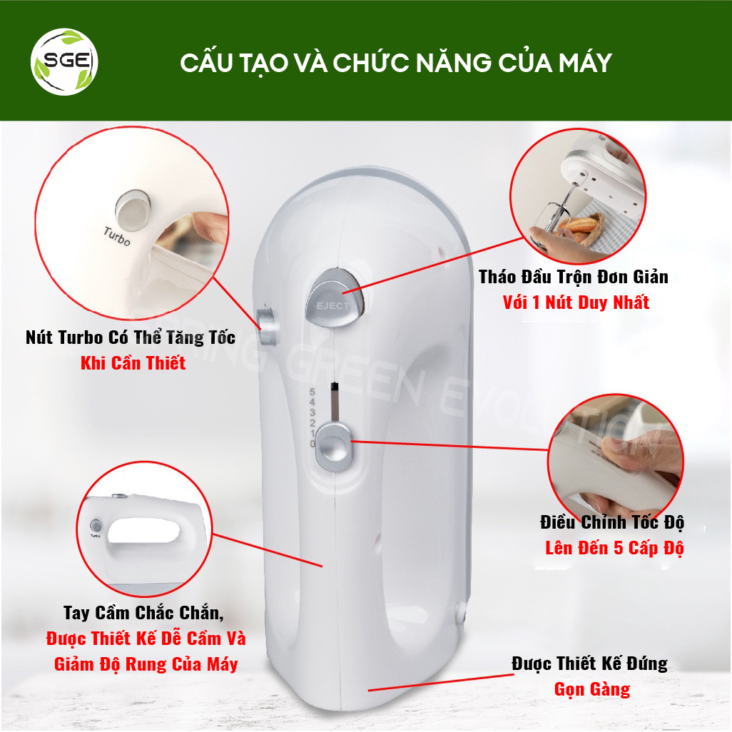 Máy Đánh Trứng/ Máy Trộn Thực Phẩm Cầm Tay Elon Mixer. Giá Hấp Dẫn, Trộn Nhanh Mọi Thực Phẩm, Dễ Thao Tác Với 5 Tốc Độ Trộn. Hàng Nhập Khẩu Cao Cấp Chính Hãng SGE Thailand. Máy Được Tặng Kèm 2 Đầu Trộn Cánh Quạt Và 2 Đầu Trộn Móc