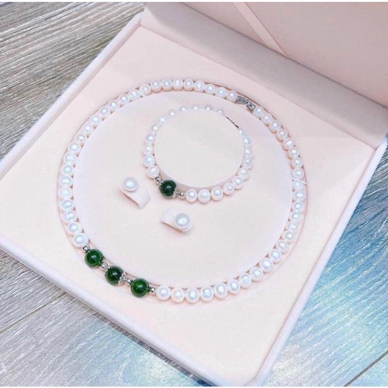Bộ Trang Sức Ngọc Trai Khóa Bạc 925 Mix Đá Xanh, Bộ Ngọc Trai Nuôi Nước Ngọt Sang Trọng - Trường Thịnh Ngọc Trai
