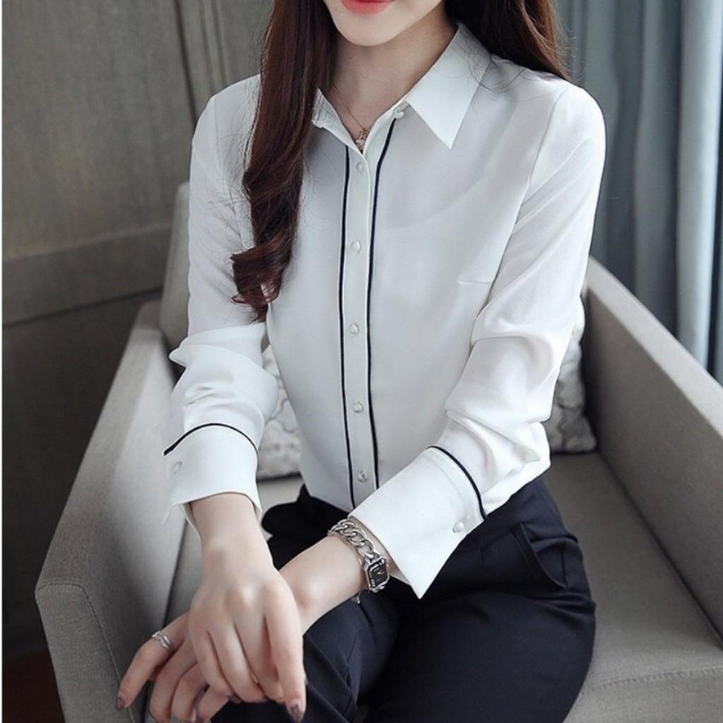 Áo Sơ Mi Nữ Dài Tay Phối Viền Đen Dọc Cúc Mã G988 Chất Kate Mềm Mịn,Thoáng Mát