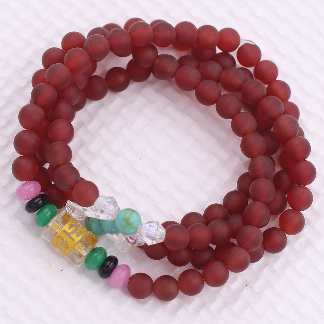 Bộ Vòng Chuỗi, Tràng Hạt 108 Hạt 6 Ly Đá Thạch Anh Đỏ Mờ Charm Lục Tự Chân Ngôn - Tràng Chuỗi Niệm Phật - An Yên - Thịnh Vượng - May Mắn - Tài Lộc