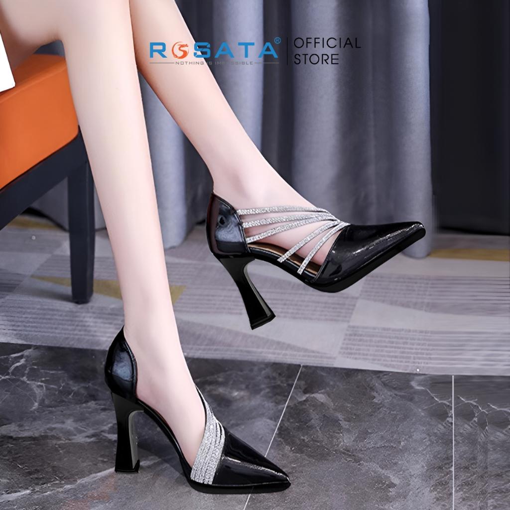 Giày cao gót nữ đế vuông 9 phân đế đúp mũi nhọn da trơn phối dây ROSATA RO614 ( BẢO HÀNH 12 THÁNG ) - XÁM