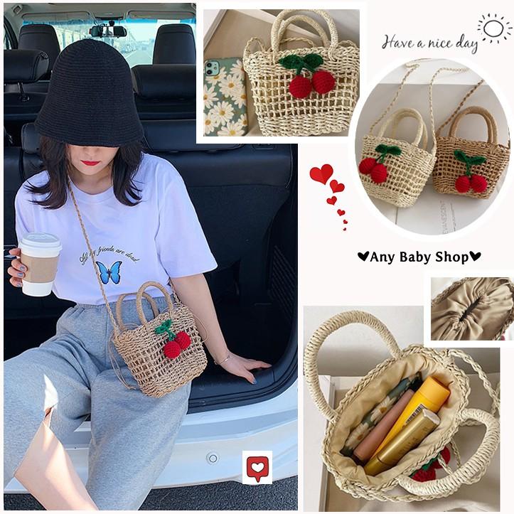 Túi cói đi chơi,đi biển đeo chéo-có quai xách hình cherry 2 màu cực xinh