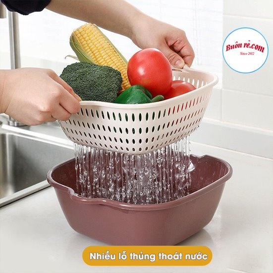 Bộ 3 rổ vuông 2 lớp Việt Nhật (có bán lẻ từng size) - Bộ rổ kèm chậu hứng nước rửa rau củ đựng hoa quả trái cây