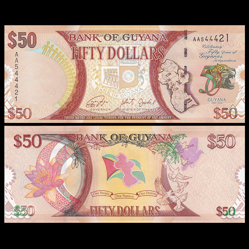 Tiền của Guyana 50 dollars, quốc gia thuộc vùng Nam Mỹ, Mới 100% UNC