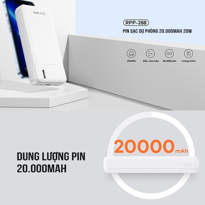 Pin dự phòng sạc nhanh Remax RPP-288 dung lượng 20000mAh - Hỗ trợ QC và PD 20W - Hàng nhập khẩu