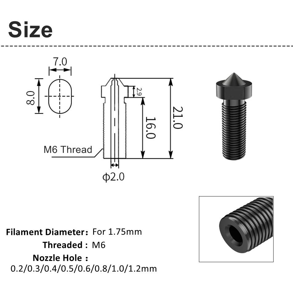 KINGROON 2 chiếc E3D Núi Lửa Thép Cứng Vòi Phun Bằng Đồng M6 Ren 3D Máy In Hotend Núi Lửa Vòi Phun 0.2mm-1.2mm Cho Dây Tóc 1.75mm