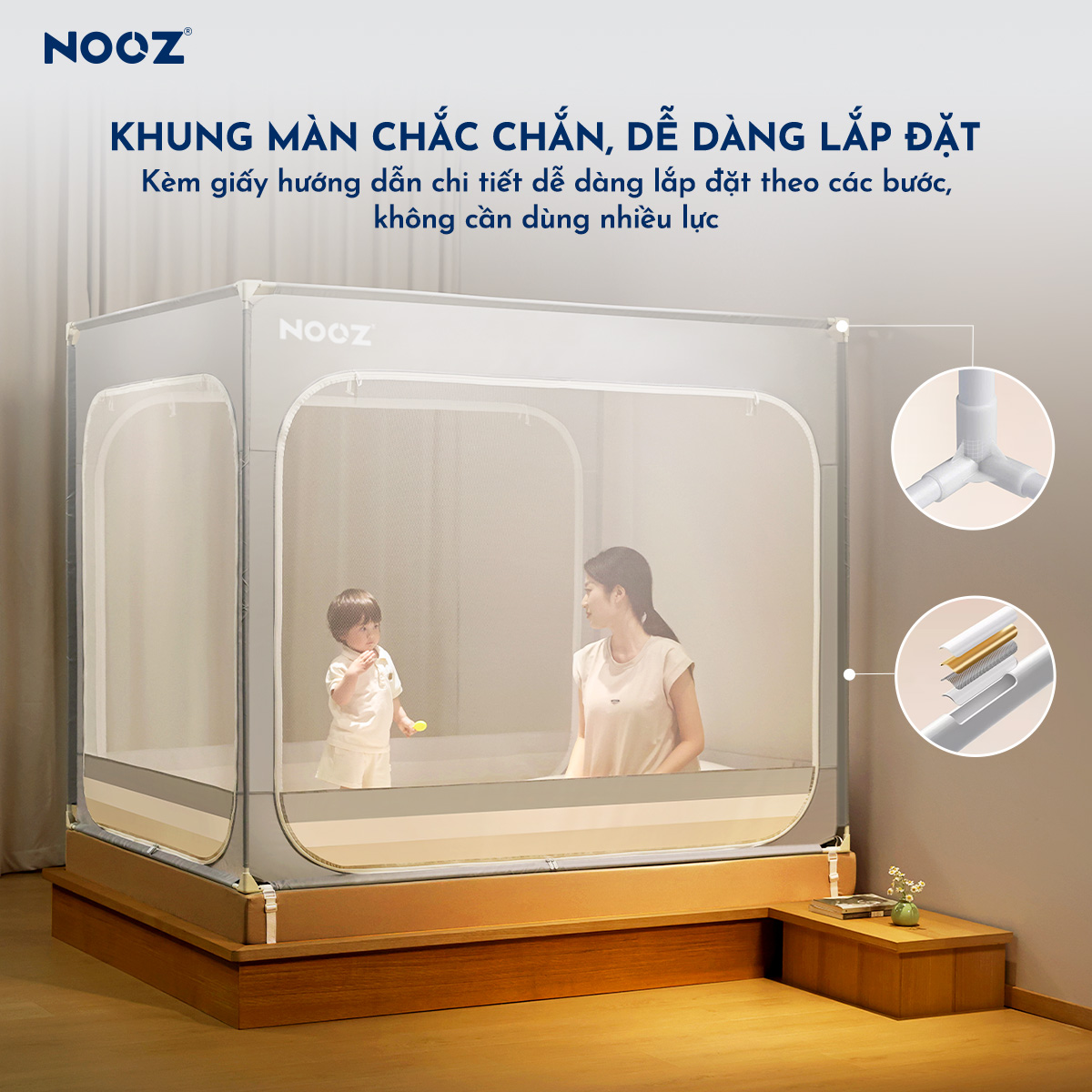 Mùng Chống Ngã NOOZ Khung Vuông Màng Chống Muỗi Dễ Lắp Đặt Không Khoan Tường NOOZ Home Goods