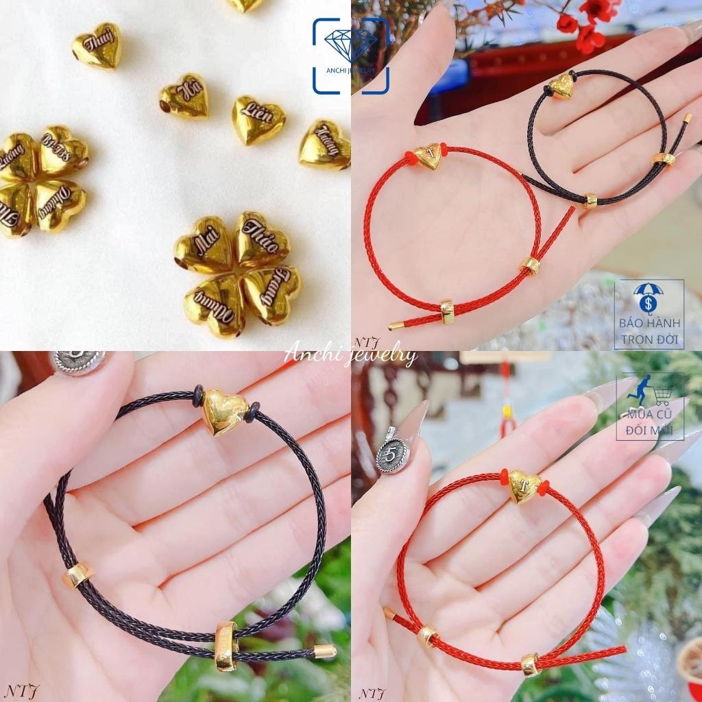 Vòng tay charm vàng dây cước 2mm đỏ( đen) mặt tim 10k khắc tên theo yêu cầu, Anchi jewelry