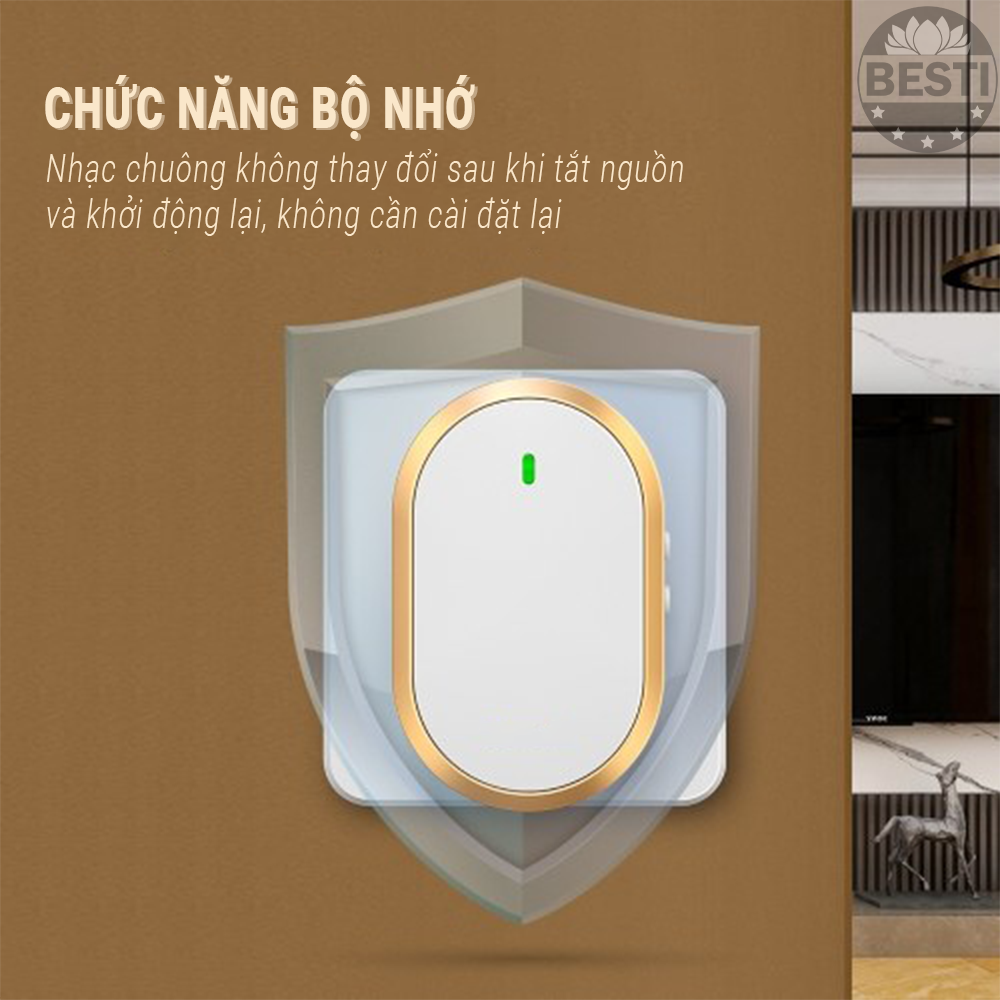 Chuông Cửa Không Dây Thông Minh Besti YBT01 (1 Nút Bấm, 1 Chuông ), Chống Nước, Khoảng Cách Sử Dụng Hiệu Quả 300M, 60 Loại Nhạc Chuông, 4 Mức Điều Chỉnh Âm Lượng - Hàng Chính Hãng