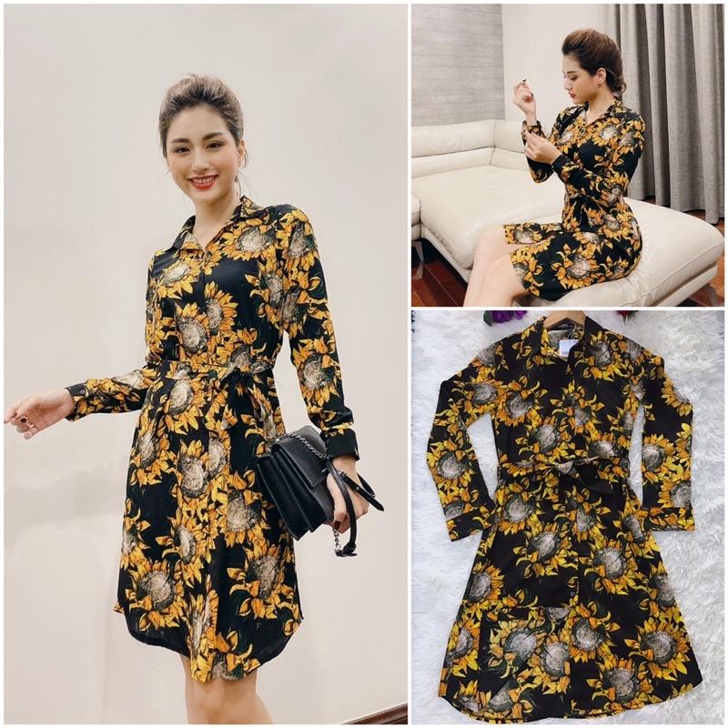 Đầm suông cổ đức hoạ tiết hoa hướng dương