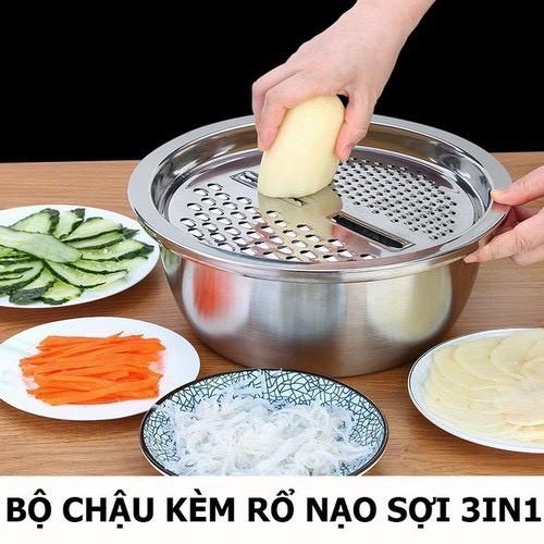 Bộ Rổ Inox Kèm Nạo Rau Củ 3 Chi Tiết Đa Năng Tiện Dụng