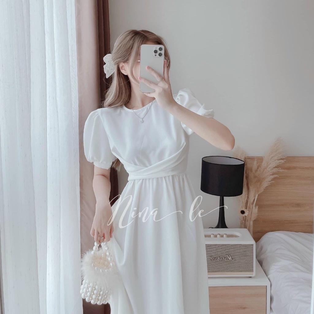 Đầm xoè đũi nhún eo nơ lưng tay phồng xinh xắn