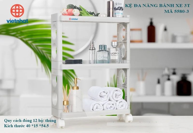 Kệ đa năng 3 tầng Việt Nhật (MS: 5580-3) có bánh xe tiện lợi – Kệ xe đẩy 3 tầng cao cấp -HÀNG VIỆT NAM